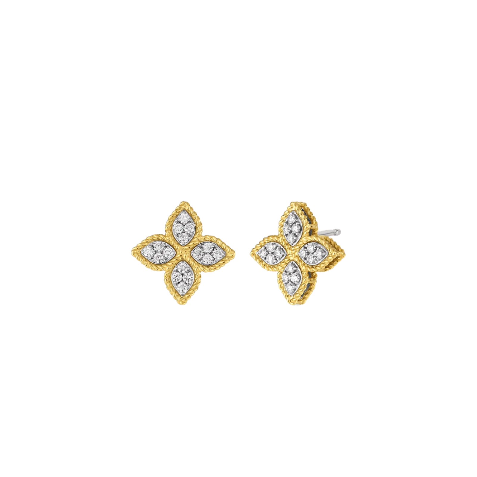 18K Gold Two-Tone Princess Medium Flower Diamond Stud Earrings