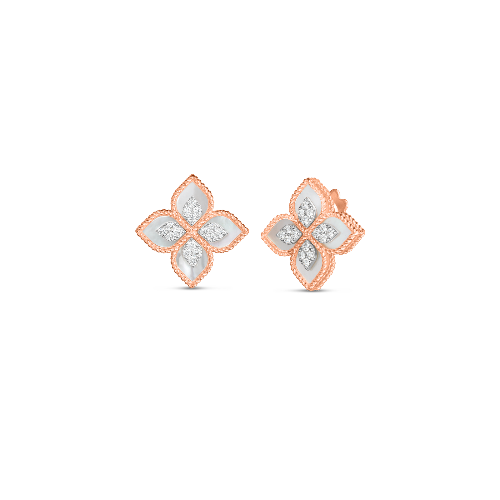 18K Gold Princess Flower Mother Of Pearl Diamond Stud Earrings