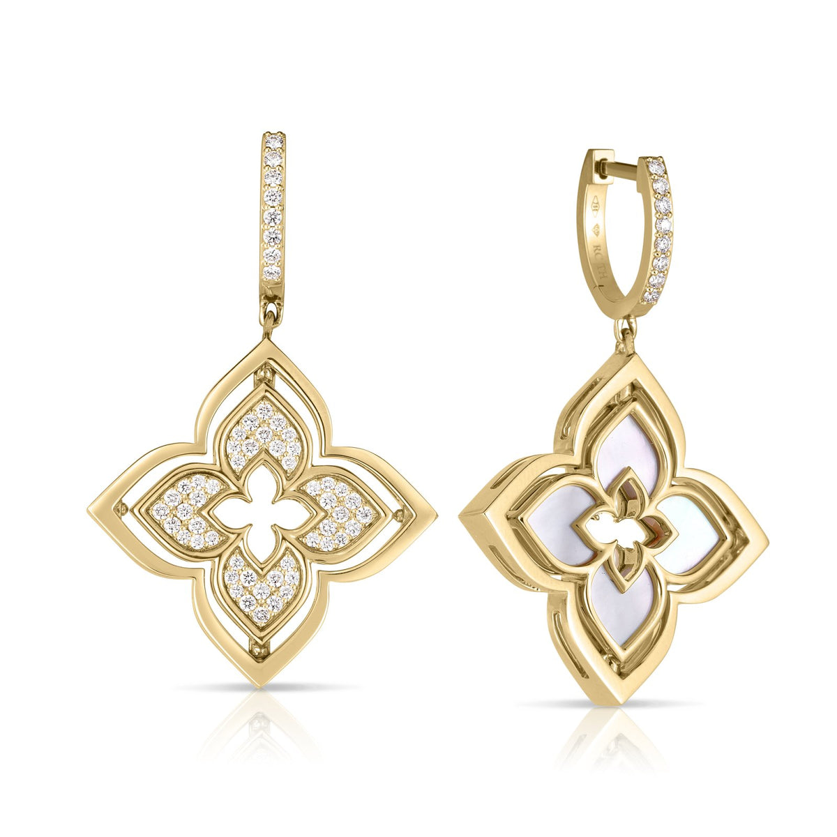 Roberto Coin 18k Yellow Gold Venetian Princess Pirouette Pavé Medium Flower Drop Earrings 0.10ctw