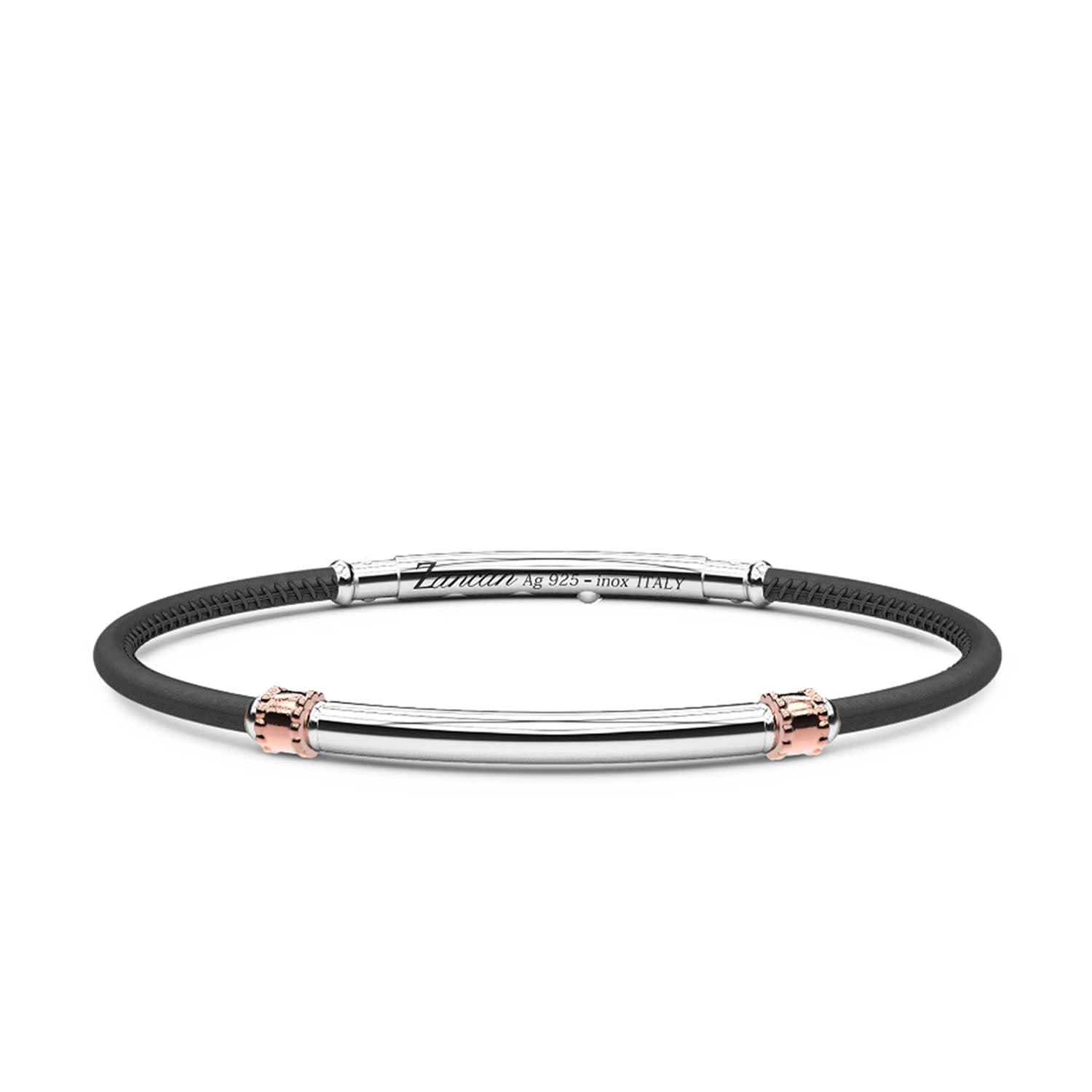 Black Leather Bracelet with Silver Tag