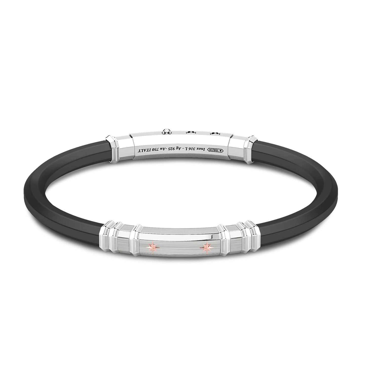 Black Silicone Bracelet with Silver Tag & Rose Gold Details