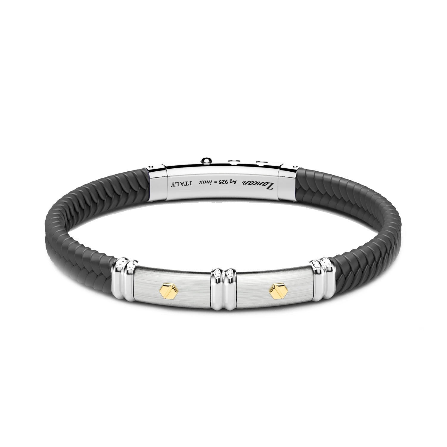 Black Silicone Bracelet with Silver Tag & Yellow Gold Details