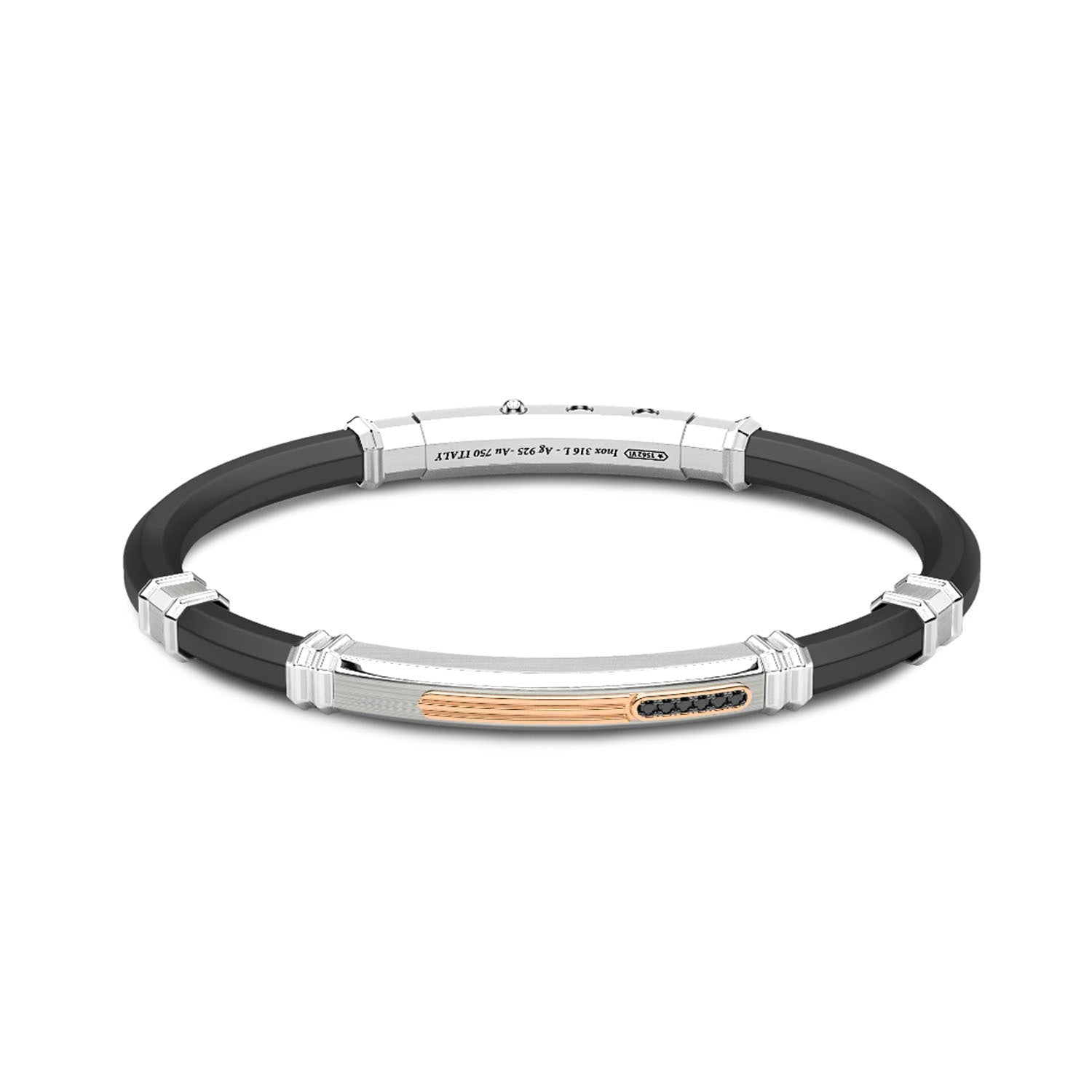 Black Silicone Bracelet with Silver Tag and Rose Gold and Black Stone