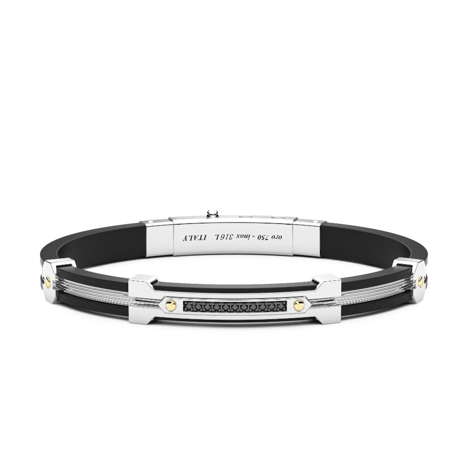 Zancan Black Silver Bracelet with 18K Gold Inserts, Stones & Silicone