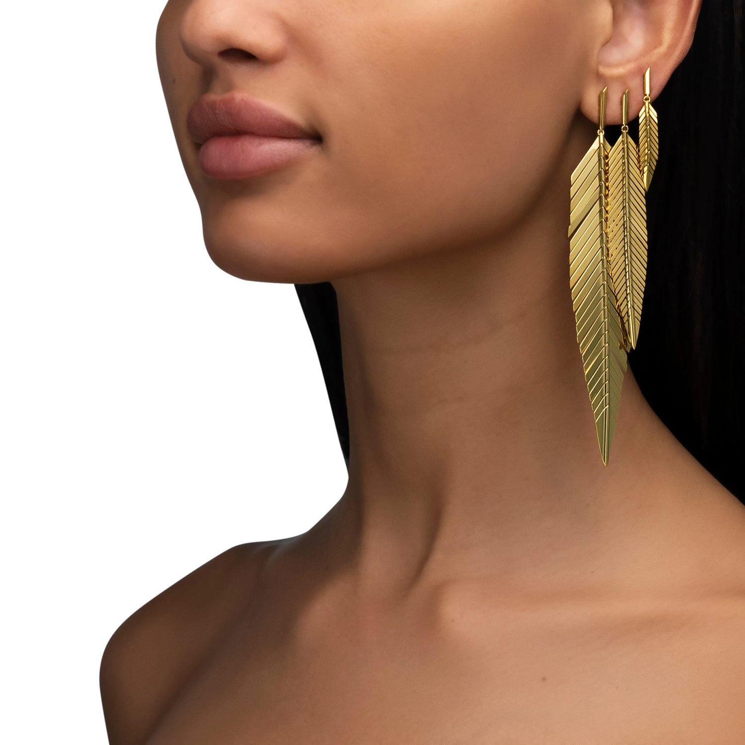 18K Yellow Gold Medium Feather Drop Earrings