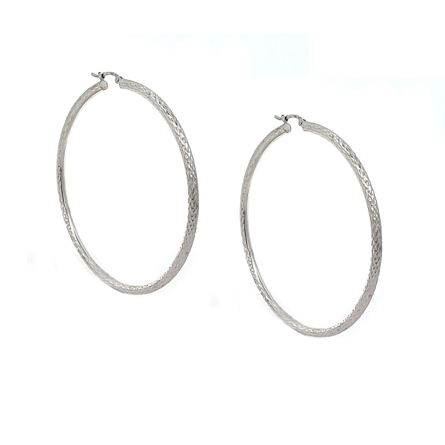 14K White Gold Diamond Cut Large Hoop Earrings