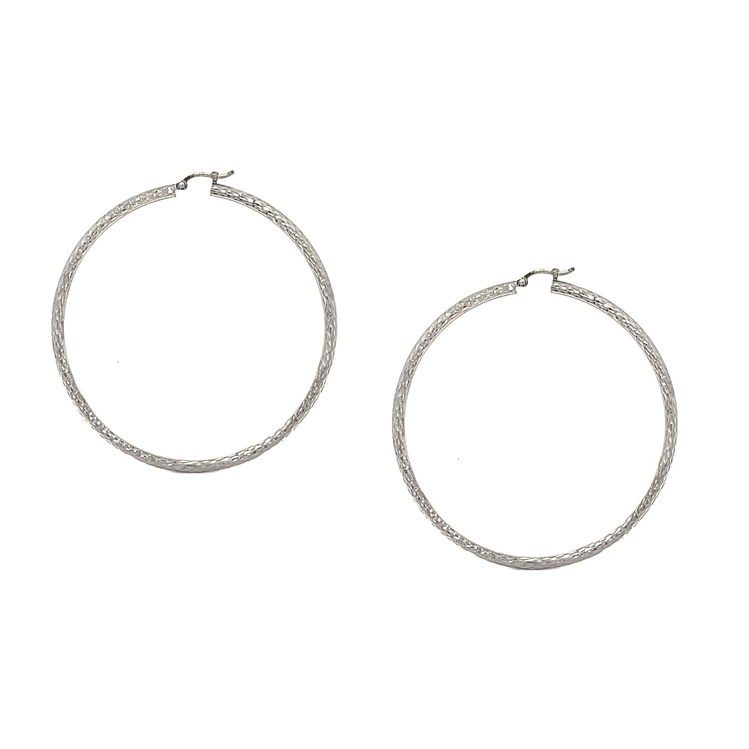 14K White Gold Diamond Cut Large Hoop Earrings