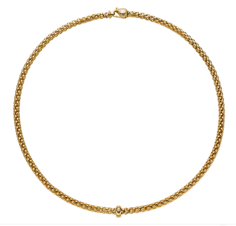 Fope Flexit Necklace Entirely Made Of 18K Yellow Gold. Rondel Is Set With Single Round Diamond 0.01 Carat Weight.  Fope Solo Collection