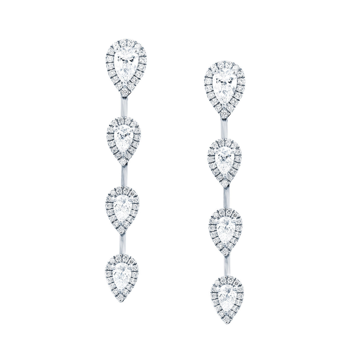 Video Thumbnail: Halo Pear Drop Earrings Crafted in White Gold 8 Pear Shape Diamonds 1 88 Carat Total Weight With a Halo of Round Brilliants 6 7 Grams Tension Backings - Halo Pear Drop Earrings 18k White Gold.