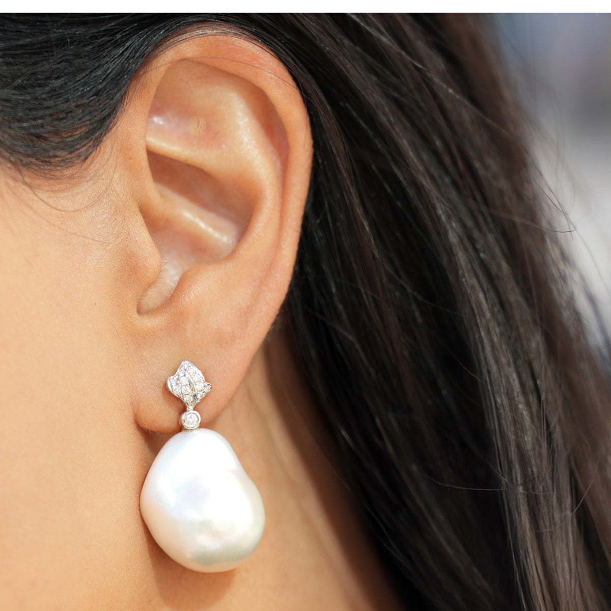 Video Thumbnail: Howard White Gold Drop Barque Pearl Earrings - Howard 18k White Gold Drop Baroque Pearl Earrings