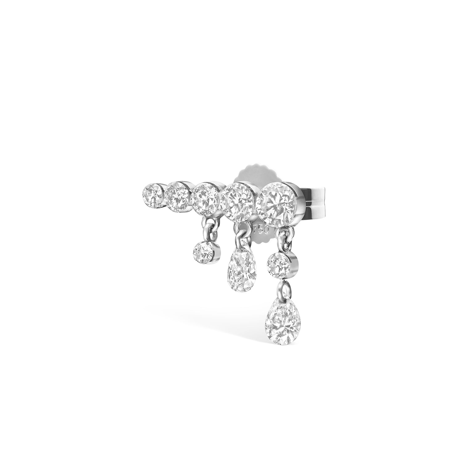 Video Thumbnail: Maria Tash White Gold Invisible Set Diamond Crescendo Right Bar Stud Earring Traditional Butterfly Backing in Matching Color Item Sold Singly Solid Gold Gemstone Weight 0 - 18kw Gold 11mm Invisible Set Diamond Crescendo Right Bar Stud Earring