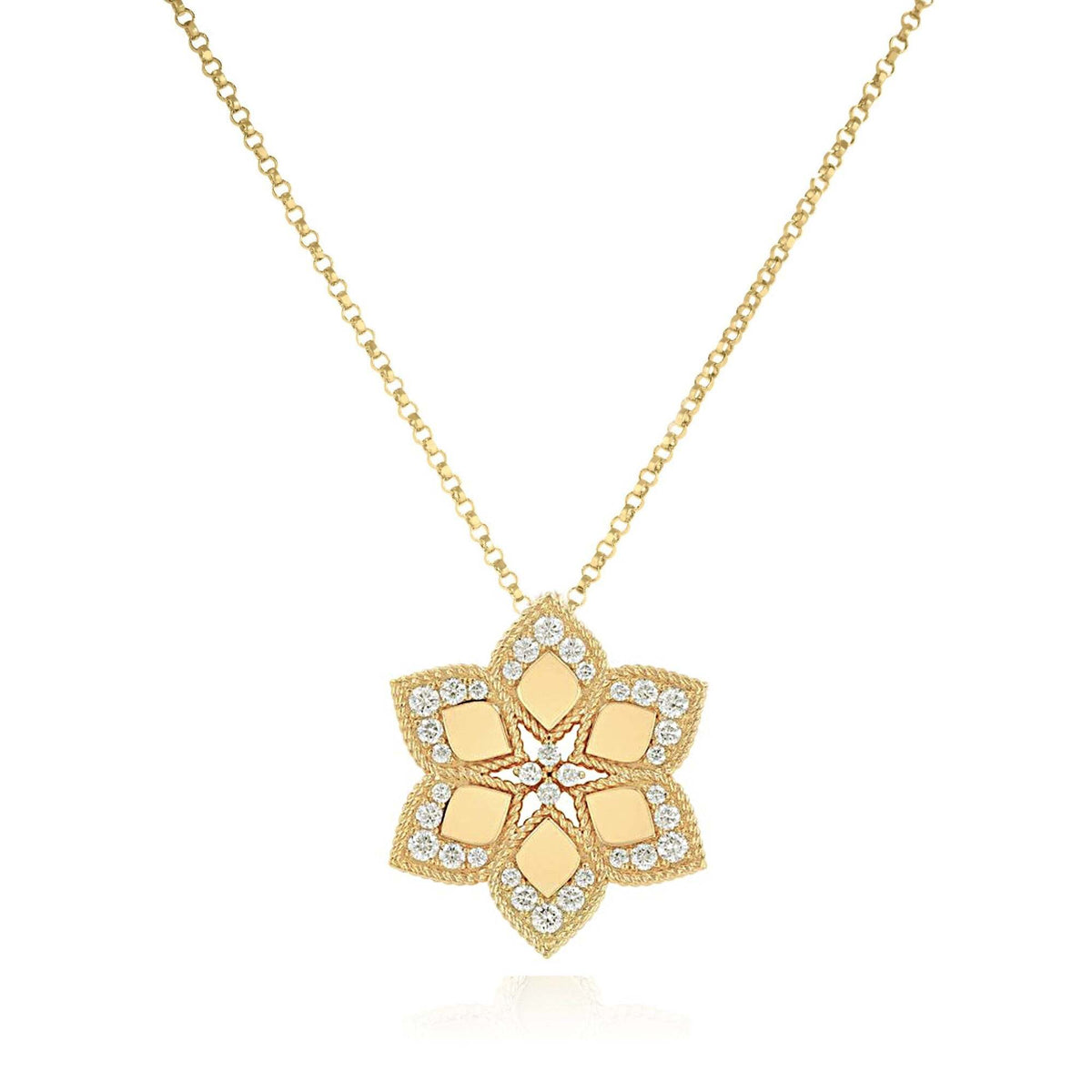 Video Thumbnail: Roberto Coin Gold Diamond Necklace - Roberto Coin 18k Yellow Gold 31" Vernazza Diamond Edge Flower Long Nec