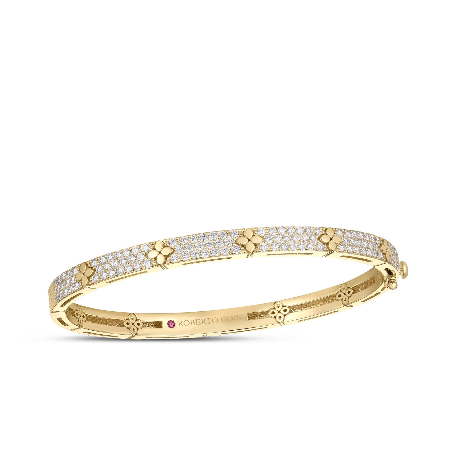 18K Gold Love In Verona Diamond & Polished Flower Narrow Bangle