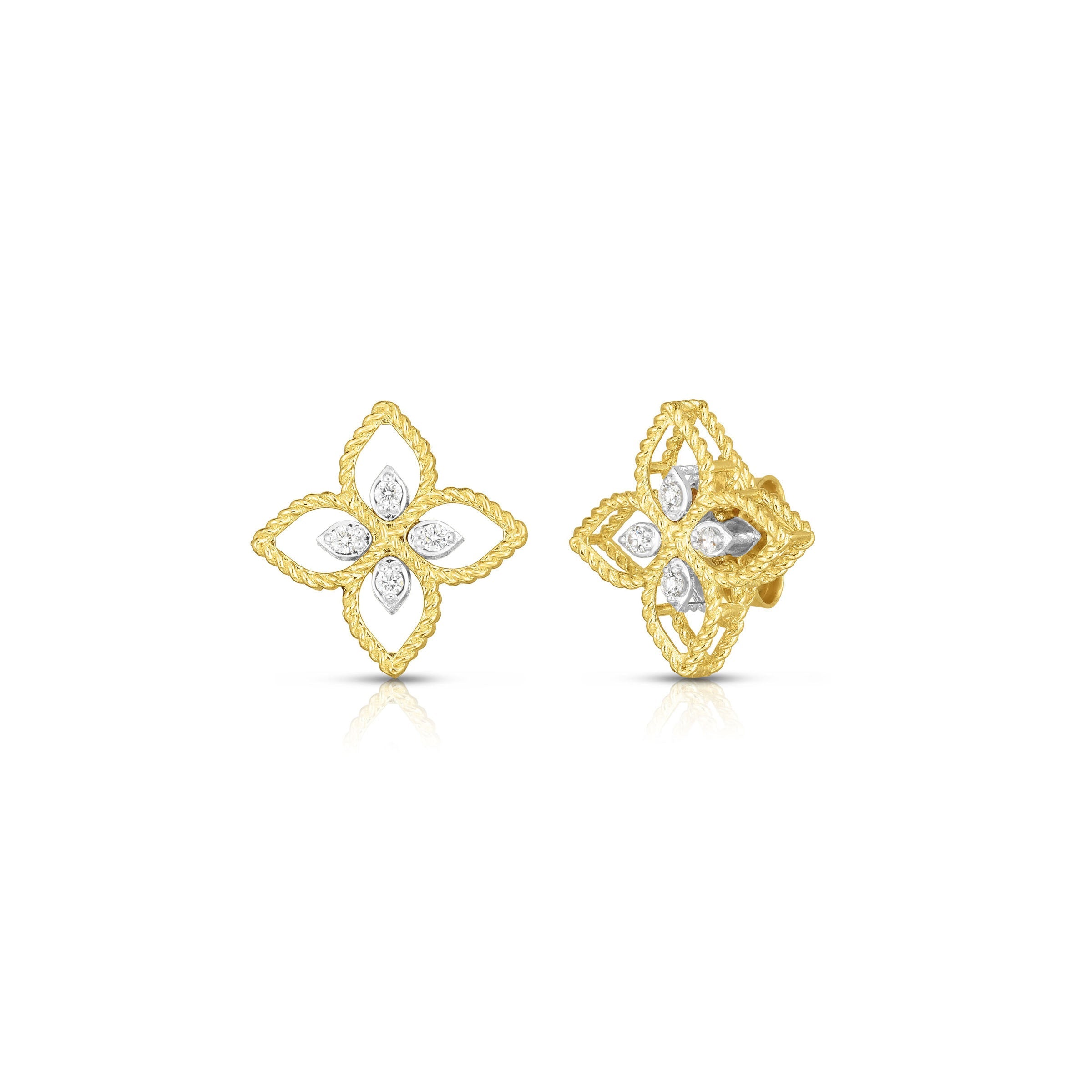 Video Thumbnail: Roberto Coin Yellow White Gold Princess Flower Small Diamond Stud Earrings 0 - Roberto Coin 18k Yellow Gold Princess Flower Open Frame Small Diamond