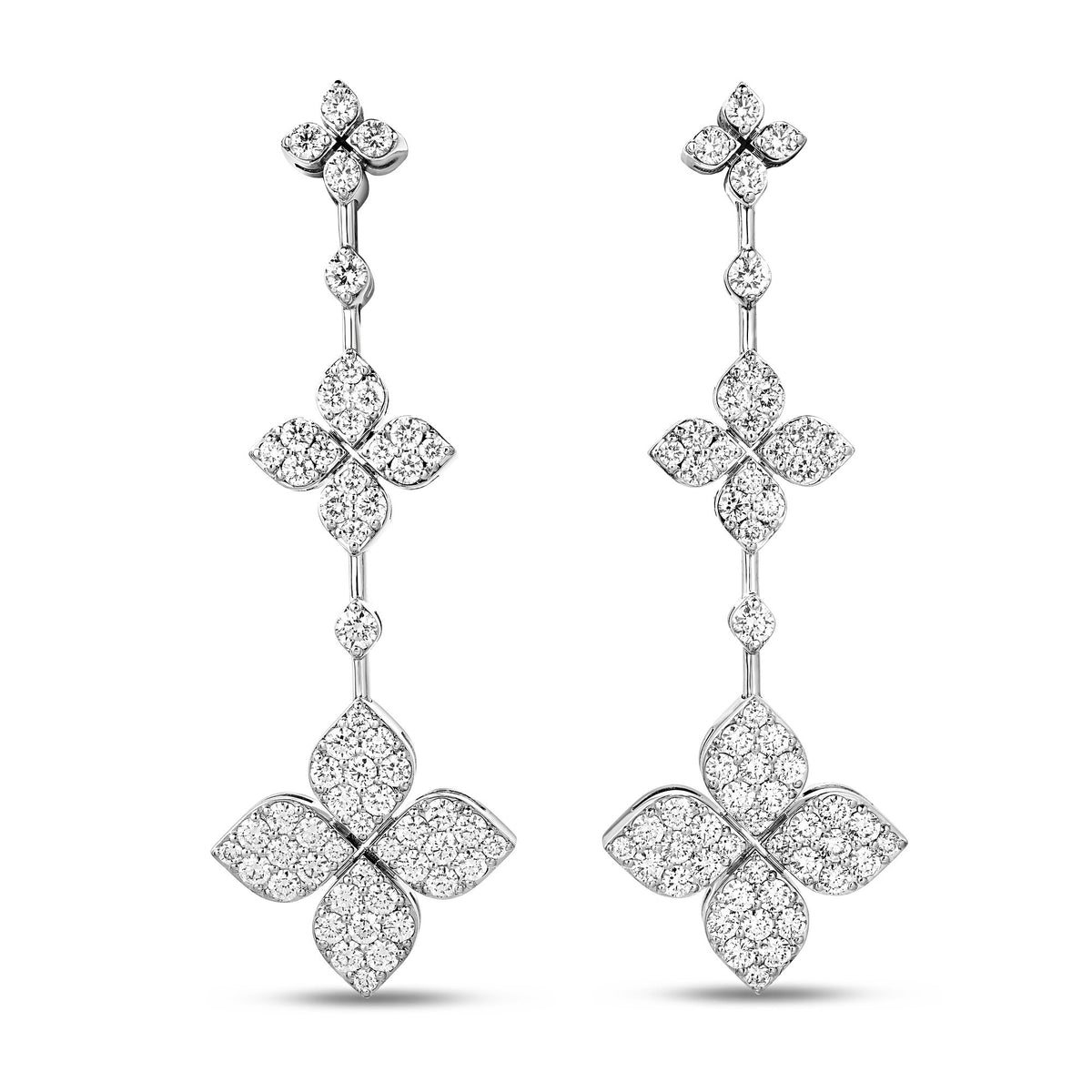 Roberto Coin 18K White Gold Love In Verona Pave Diamond Triple Flower Dangle Earrings 1.70ctw