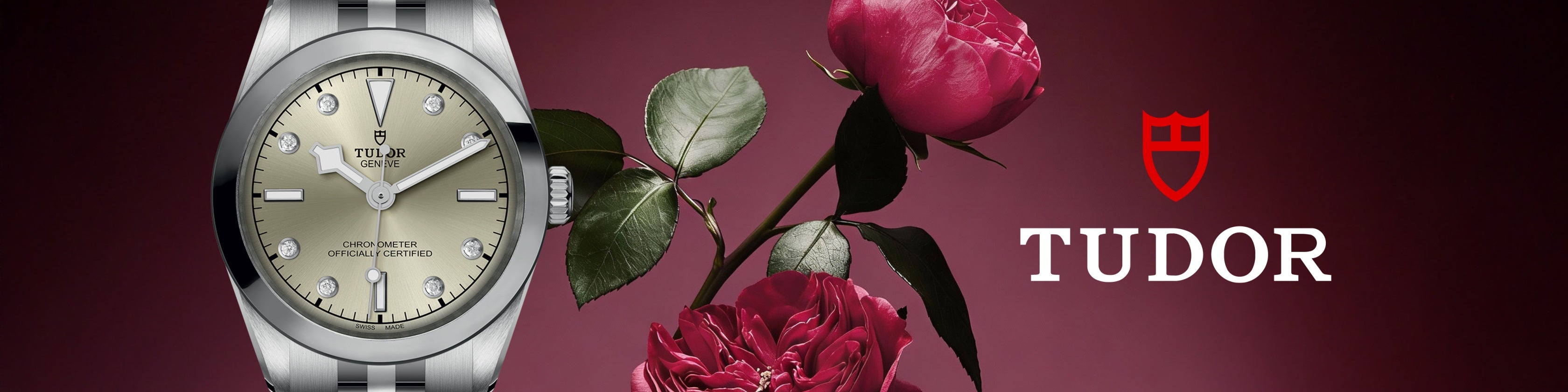 Tudor Black Bay One - 31mm wristwatch in stainless steel, featuring a diamond-set dial, with red roses on a dark red background