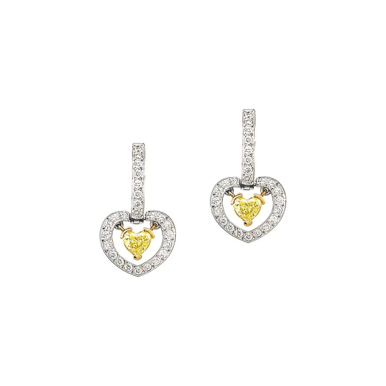 Pre-owned Yellow Heart Shaped Diamond Drop Earrings