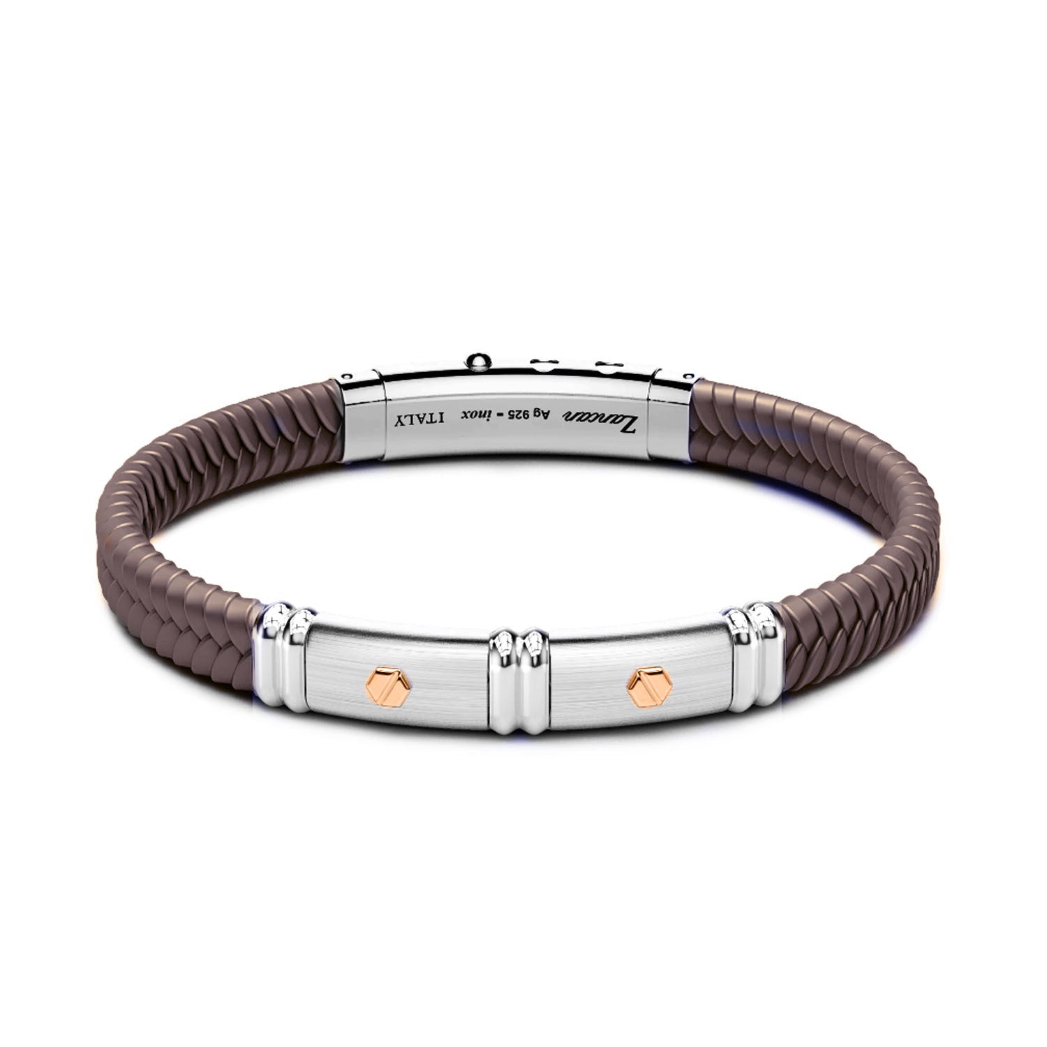 Zancan Brown Silicone Bracelet with Silver Tag  Rose Gold Details