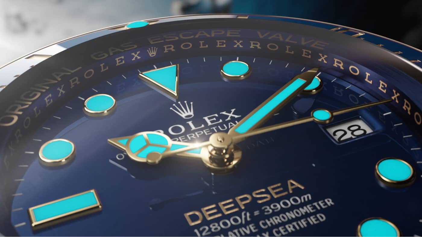 A video showcasing the Rolex Deepsea. Thumbnail preview depicts a close up of the dial of the watch with luminescent indices aglow.