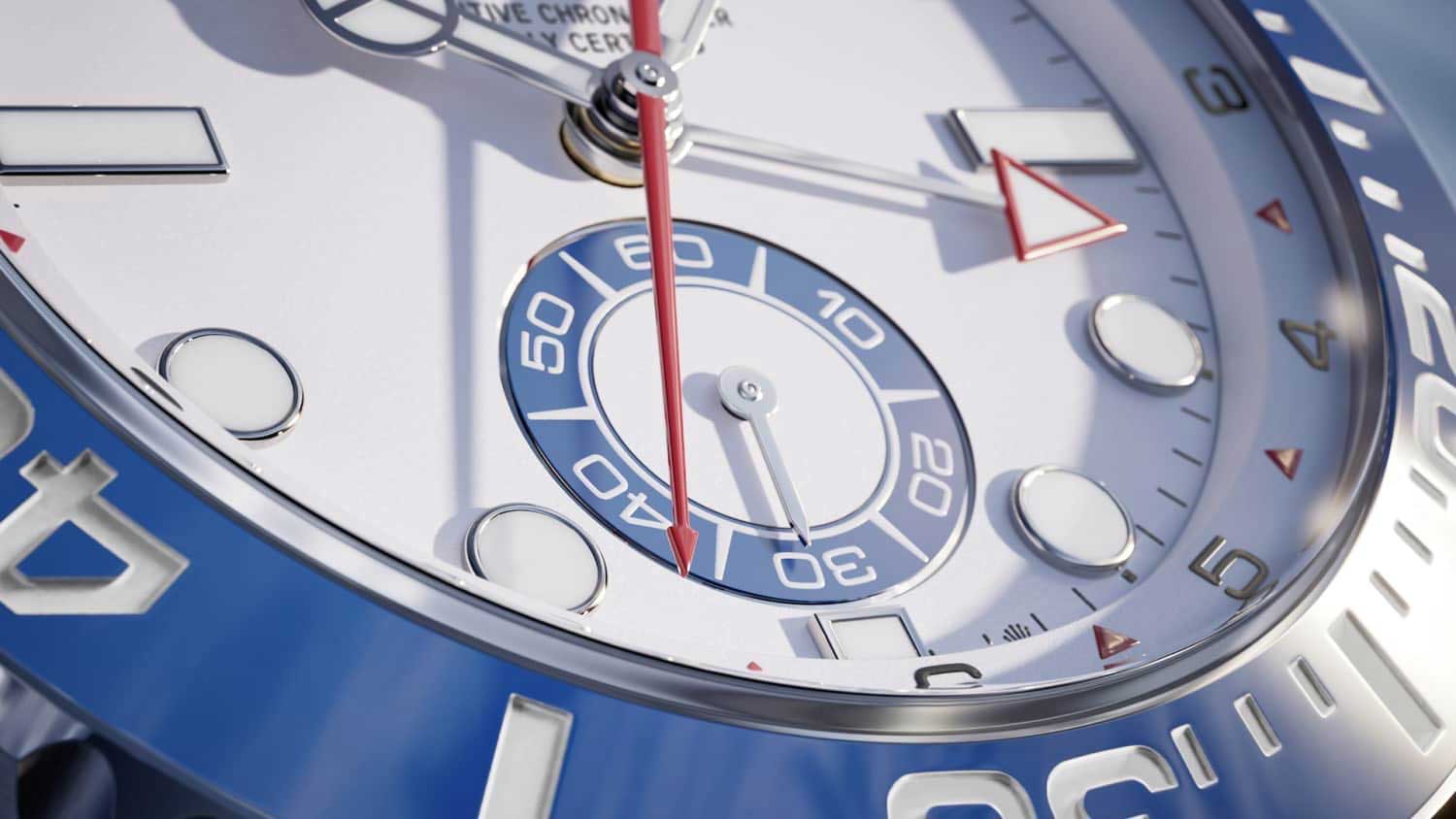 A video showcasing the Rolex Yacht-Master II with a white dial and blue Cerachrom bezel