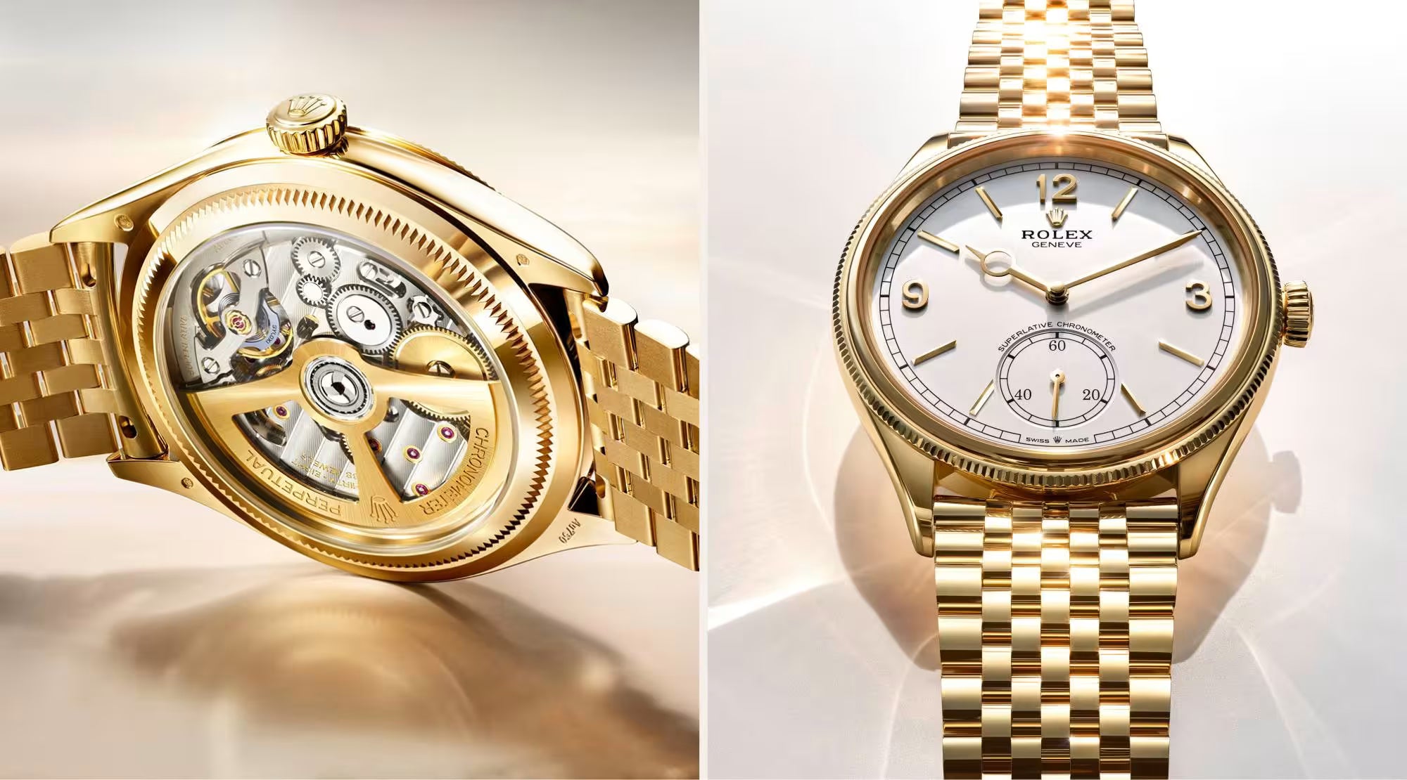 Back and front depictions of a solid 18 carat yellow gold Rolex 1908 wristwatch with white dial on bracelet, with detailed view of the watch movement, both depictions set on a light background with specular highlights.