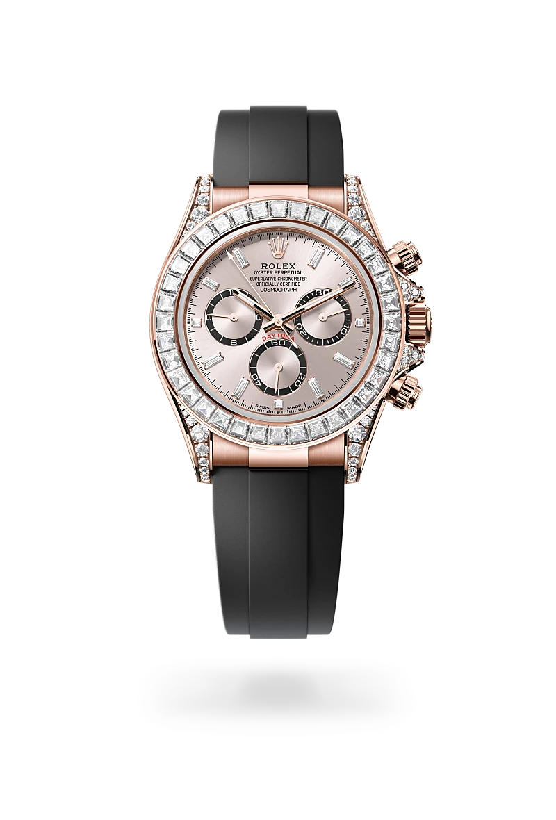 rolex cosmograph daytona in 18 ct everose gold with lugs set with diamonds, m126535tbr-0002 - howard fine jewellers