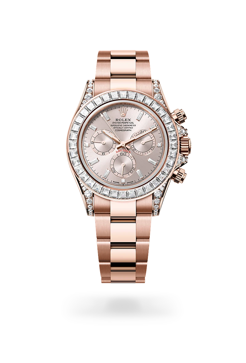 rolex cosmograph daytona in 18 ct everose gold with lugs set with diamonds, m126595tbr-0001 - howard fine jewellers