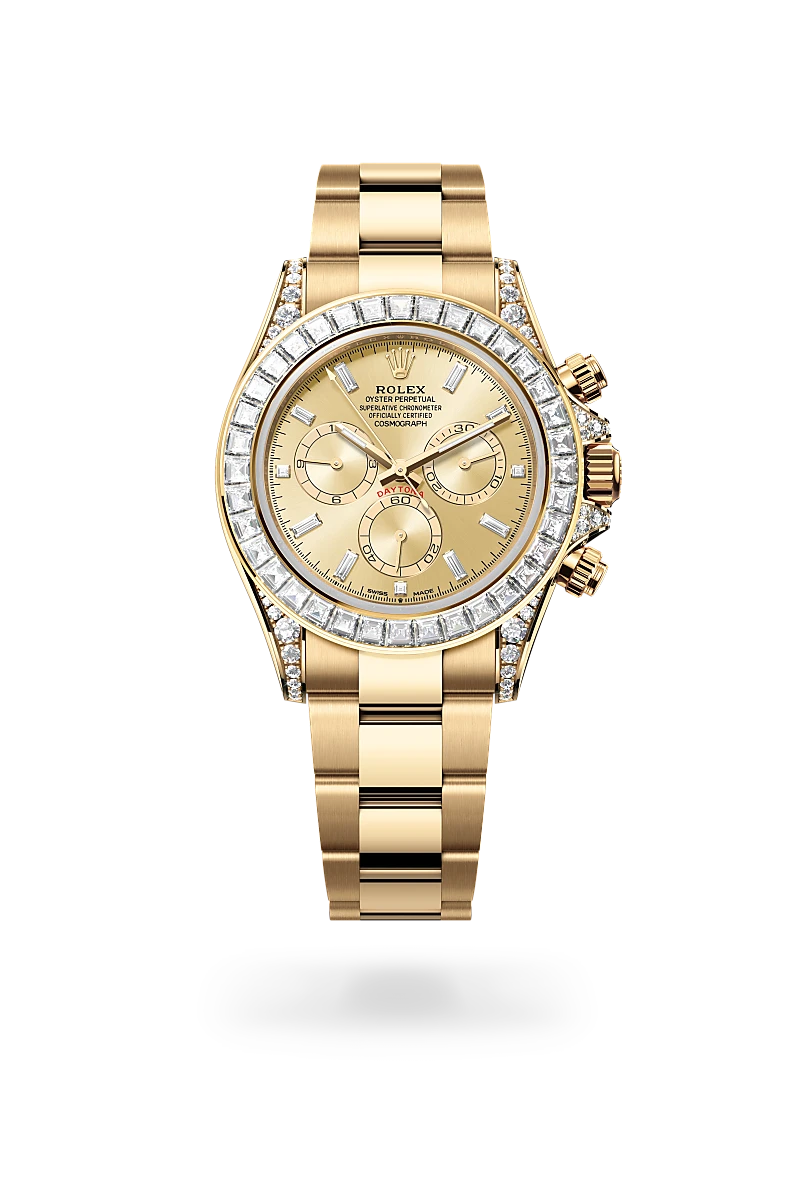 rolex cosmograph daytona in 18 ct yellow gold with lugs set with diamonds, m126598tbr-0001 - howard fine jewellers