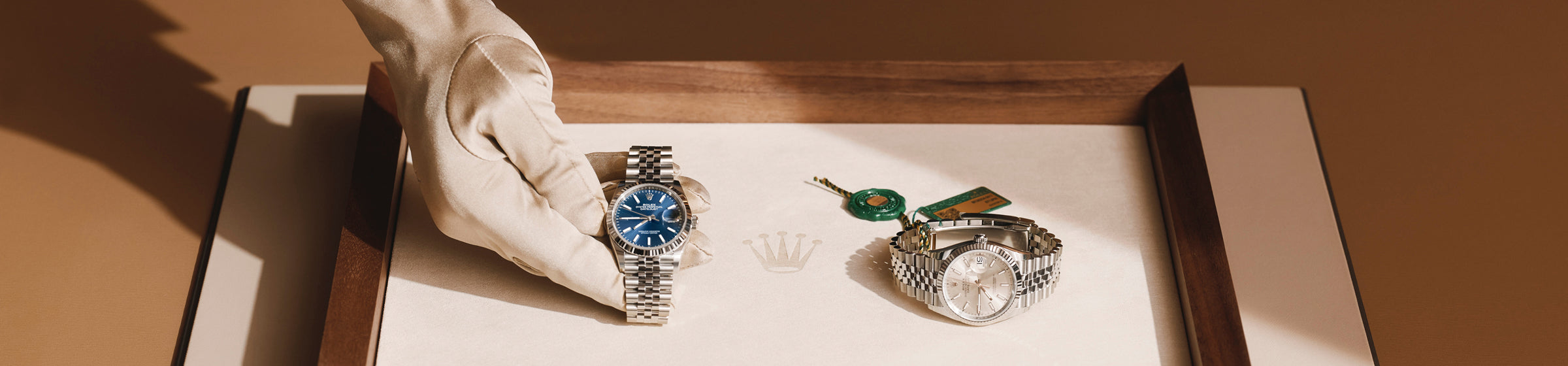Two Rolex Datejust timepieces displayed on a finely-crafted tray, a hand wearing a svelte glove is offering one of the timepieces up toward the viewer.