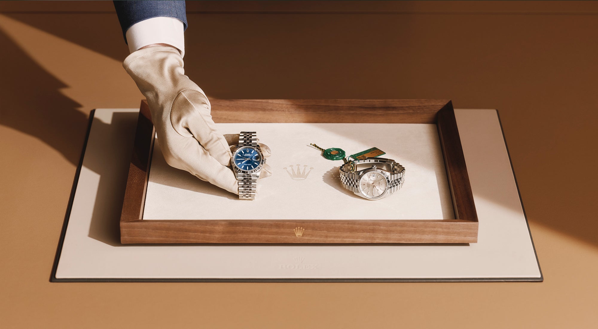 Two Rolex Datejust timepieces displayed on a finely-crafted tray, a hand wearing a svelte glove is offering one of the timepieces up toward the viewer.