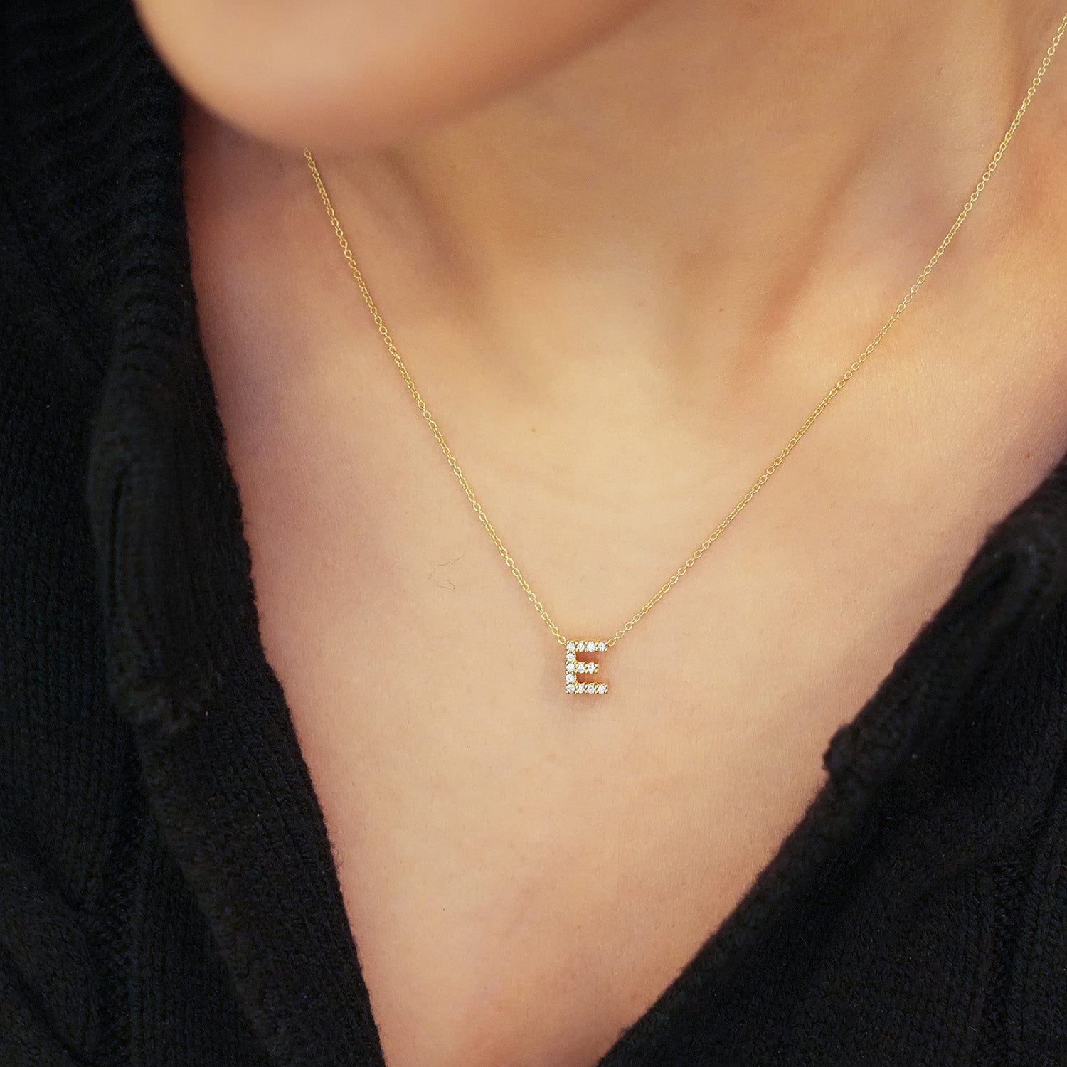 18KY Gold Tiny Treasures Diamond Love Letter "E" Necklace