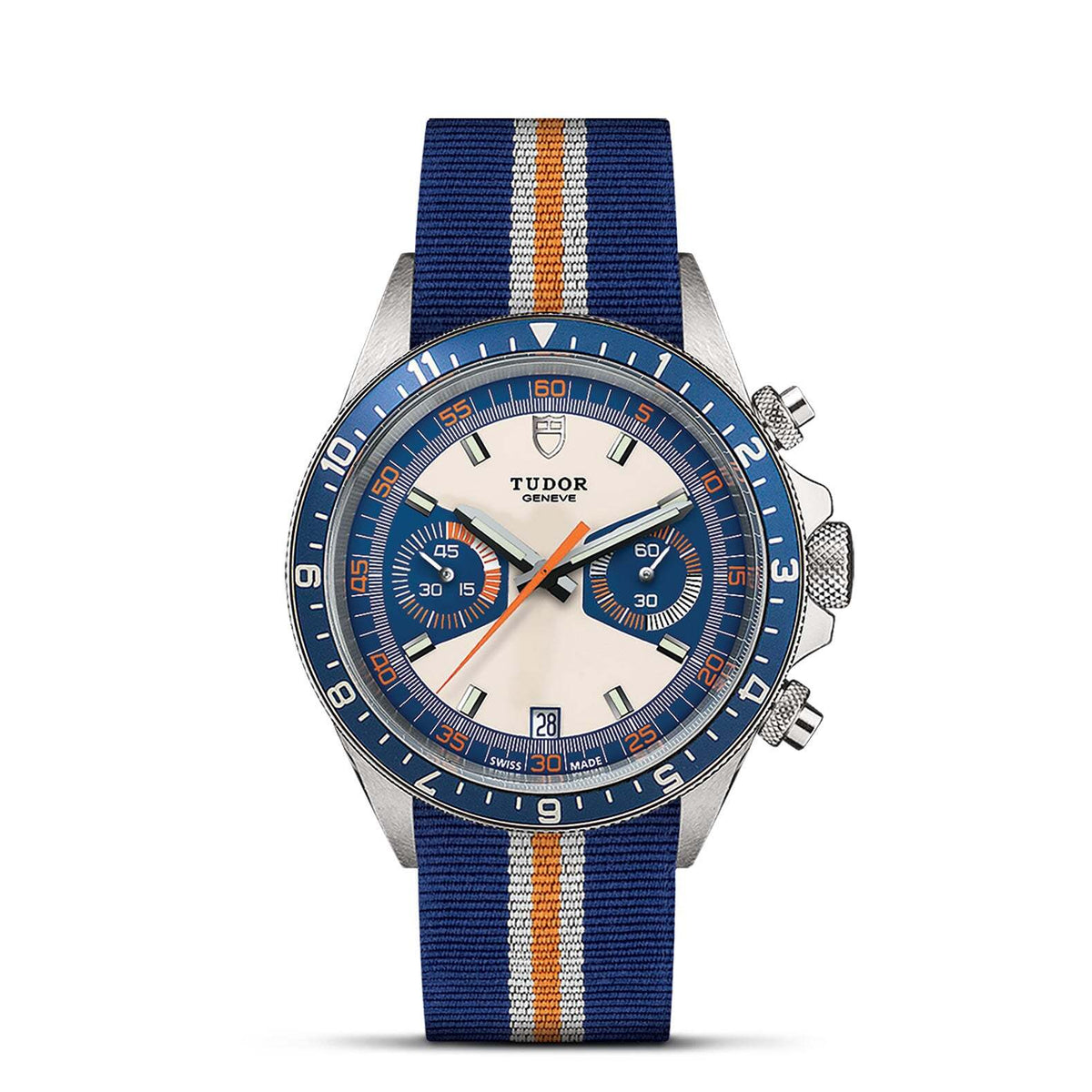 Tudor Heritage Chrono 42mm steel case with a opaline and blue dial and a fabric strap - Howard Fine Jewellers