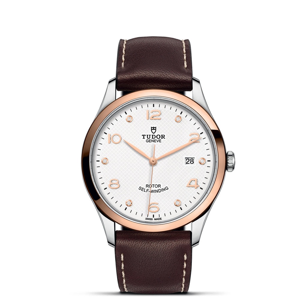 Tudor 1926 41mm in Steel and rose gold with a white diamond-set dial and brown leather strap- Howard Fine Jewellers