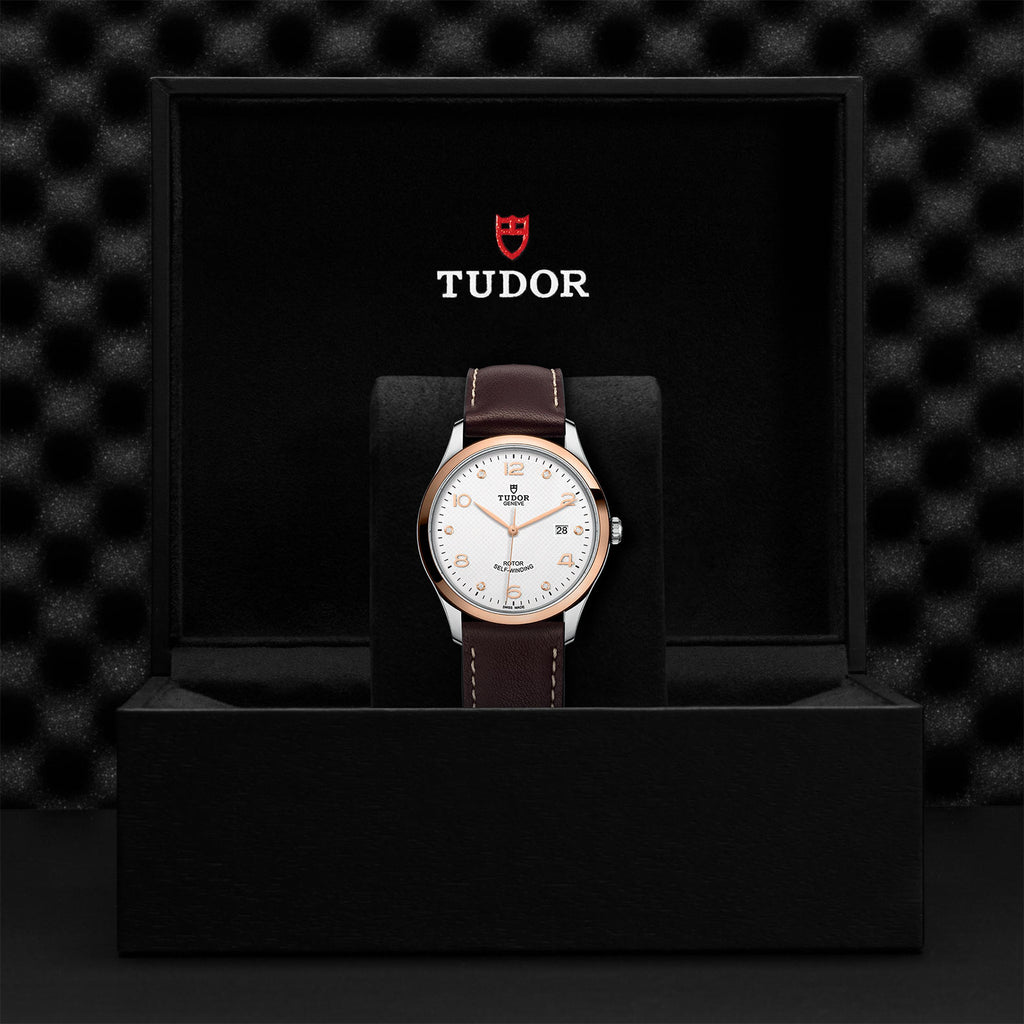 Tudor 1926 41mm in Steel and rose gold with a white diamond-set dial and brown leather strap- Howard Fine Jewellers