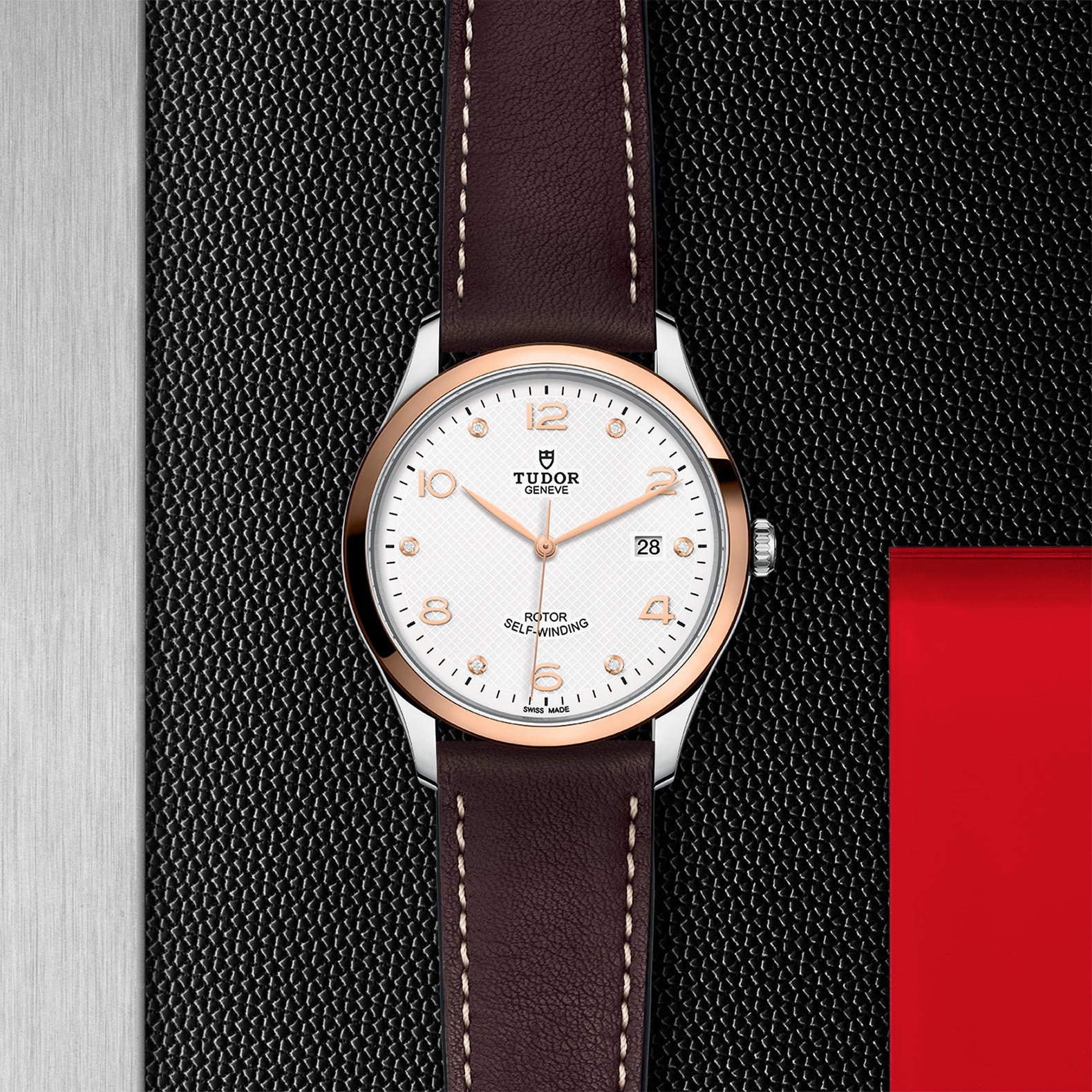 Tudor 1926 41mm in Steel and rose gold with a white diamond-set dial and brown leather strap- Howard Fine Jewellers